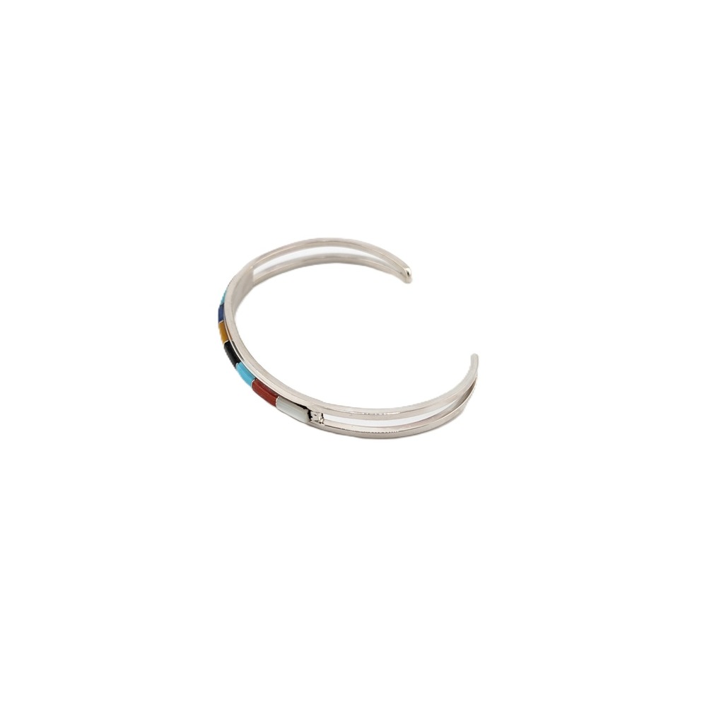 Zuni Multi Stone Inlay Slim Cuff‎ Bracelet Sterling Silver Sz 6.75in - Picture 5 of 6